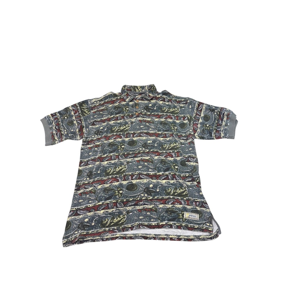 Tommy Bahama Mens Large Anglerfish Print Ribbed Cotton Polo Shirt Blue